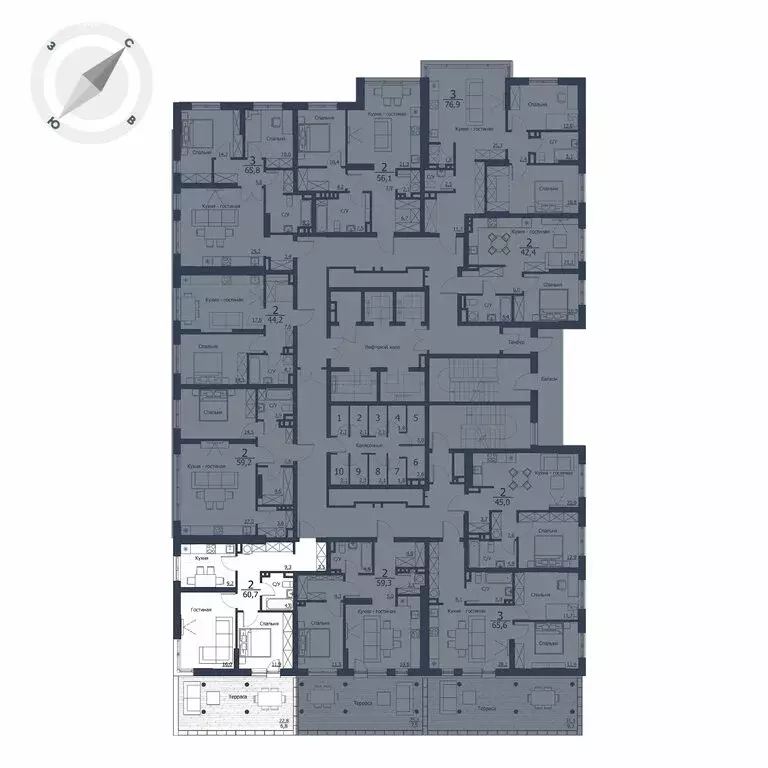 2-комнатная квартира: Красноярск, улица Петра Подзолкова, 15Бк2 (60.7 ... - Фото 2