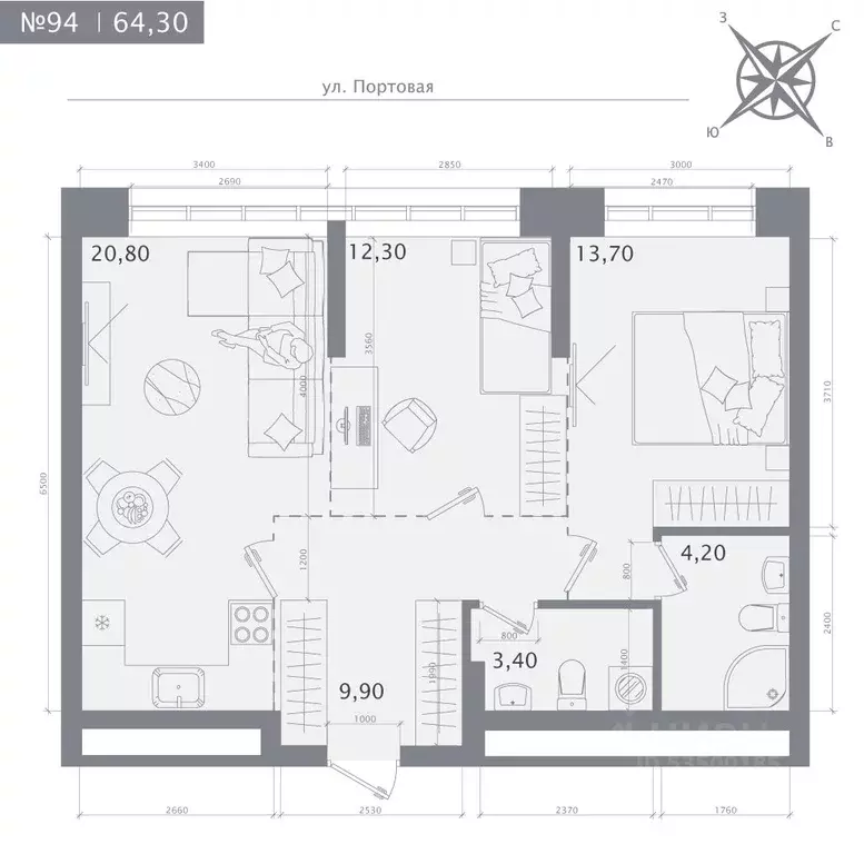 2-к кв. Татарстан, Казань 1712 жилой комплекс (64.3 м) - Фото 1