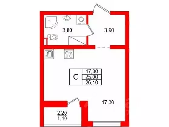 Студия Санкт-Петербург ул. Пейзажная, 10 (26.1 м) - Фото 1