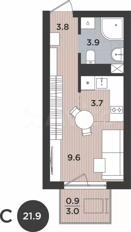 1-к. квартира, 21,9 м, 9/9 эт. - Фото 1