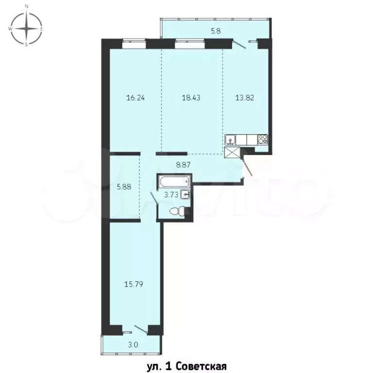 3-к. квартира, 82,8 м, 4/9 эт. - Фото 0