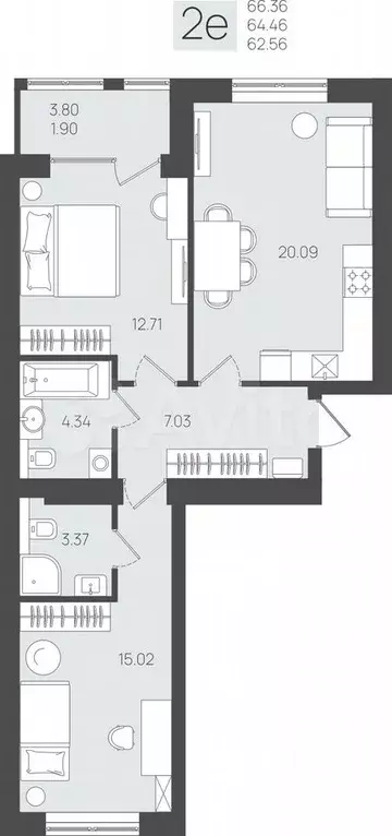 2-к. квартира, 64,5 м, 3/5 эт. - Фото 1