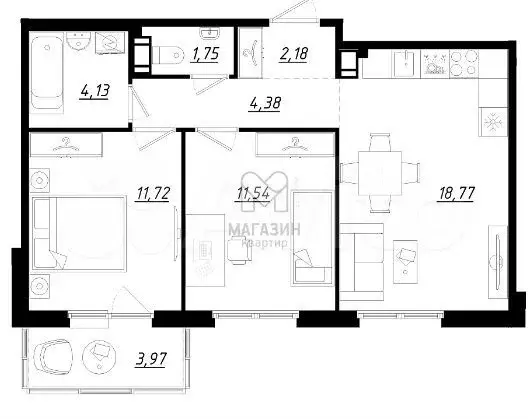 2-к. квартира, 55,7 м, 4/5 эт. - Фото 0