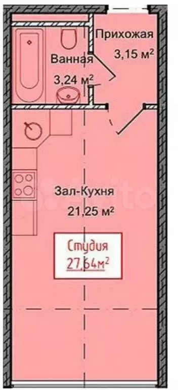 Квартира-студия, 27,6 м, 5/13 эт. - Фото 1