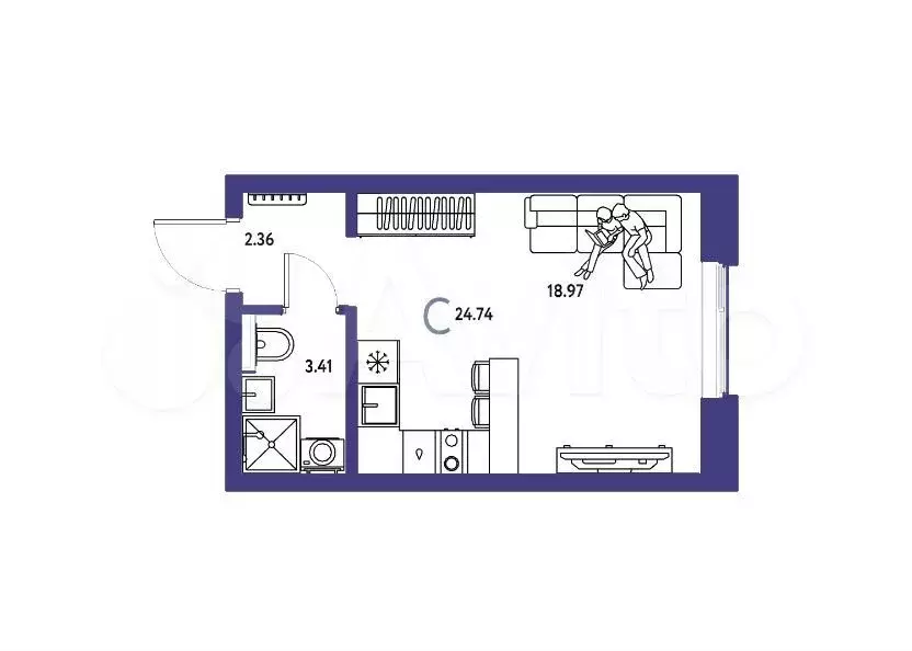 Квартира-студия, 24,7 м, 2/2 эт. - Фото 1