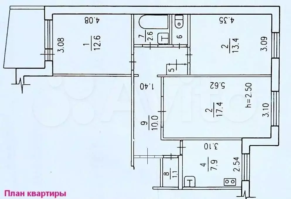 3-к. квартира, 65,3 м, 4/9 эт. - Фото 0