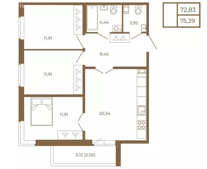 3-комнатная квартира: Сертолово, ЖК Новая История (75.39 м) - Фото 1