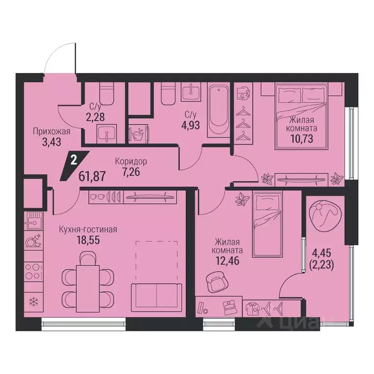 2-к кв. Свердловская область, Екатеринбург просп. Космонавтов, 100 ... - Фото 1