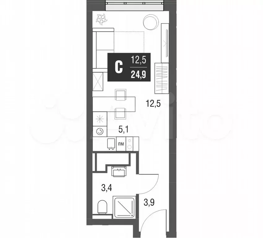 Квартира-студия, 24,7 м, 43/53 эт. - Фото 1