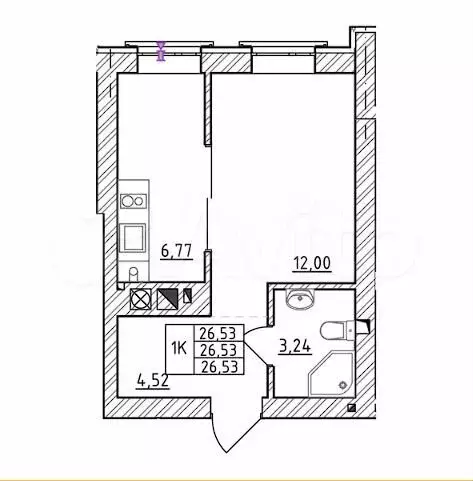 1-к. квартира, 26,5 м, 1/7 эт. - Фото 1