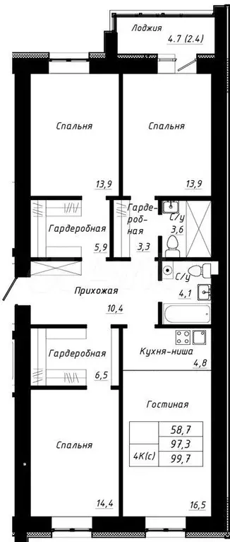 4-к. квартира, 99,7 м, 9/10 эт. - Фото 1