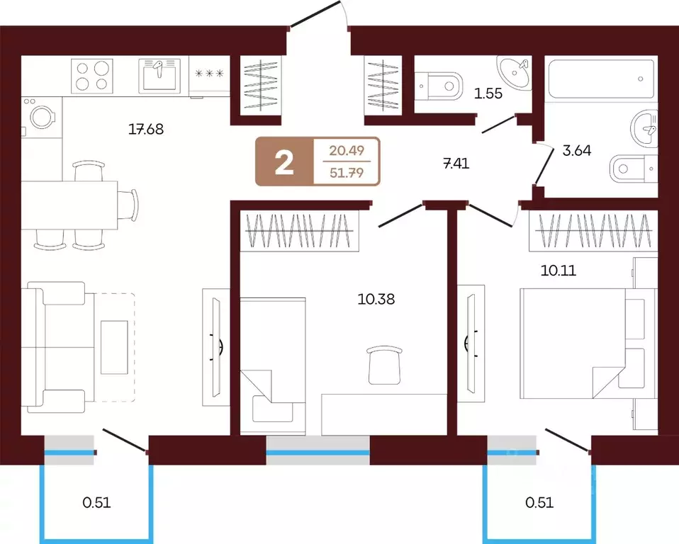 2-к кв. Башкортостан, Иглинский район, с. Акбердино  (51.79 м) - Фото 1