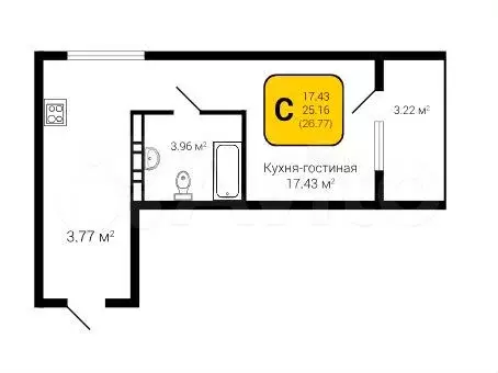 Квартира-студия, 26,8 м, 9/28 эт. - Фото 1