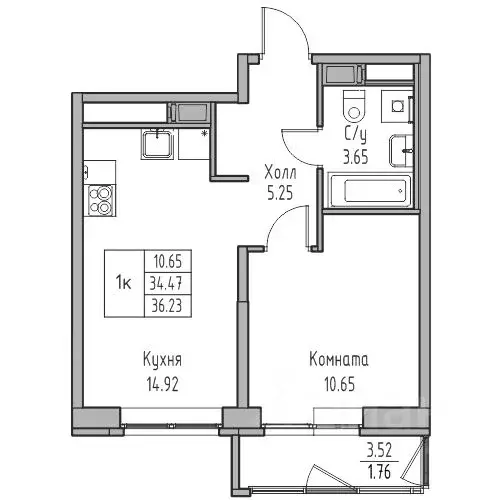 1-к кв. Санкт-Петербург ул. Ивинская, 1к4 (36.23 м) - Фото 1
