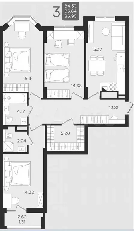 3-к. квартира, 85,6 м, 6/9 эт. - Фото 1