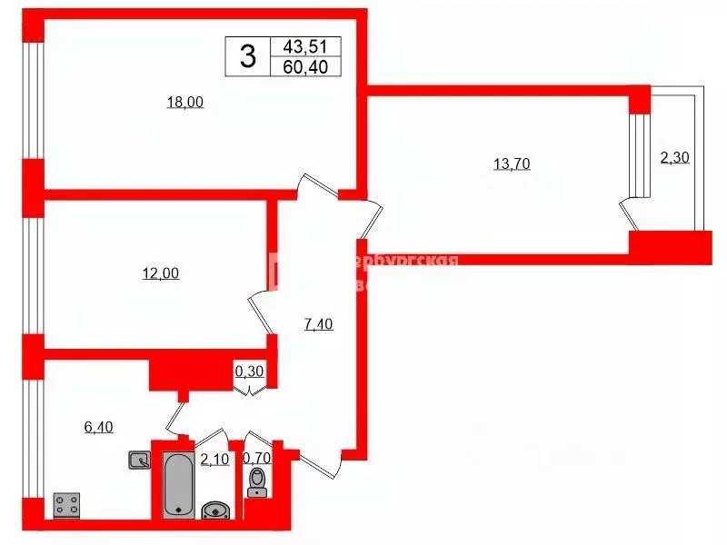 3-к кв. Санкт-Петербург просп. Маршала Жукова, 72К2 (60.4 м) - Фото 1