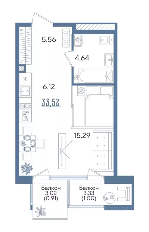 Студия Татарстан, Казань Авторы на Годовикова жилой комплекс (33.52 м) - Фото 0