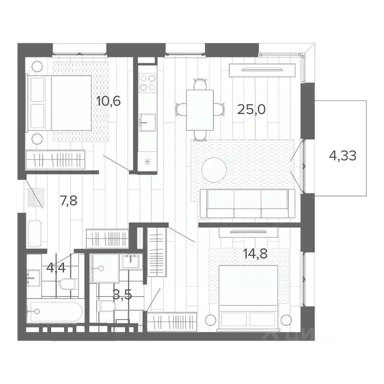 3-к кв. Алтайский край, Барнаул тракт Змеиногорский, 35Б (69.92 м) - Фото 1