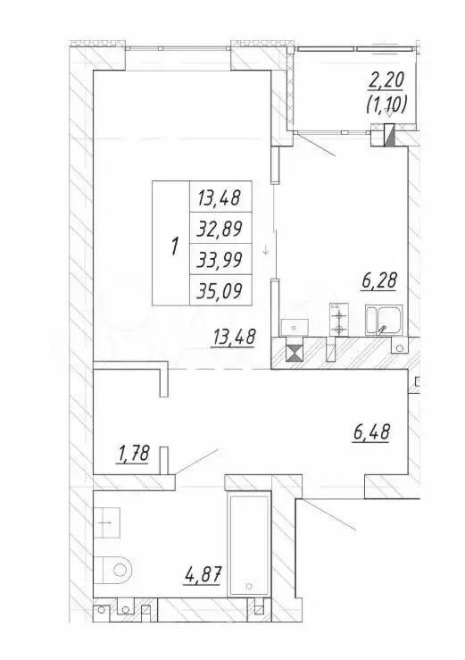 1-к. квартира, 34 м, 2/4 эт. - Фото 1
