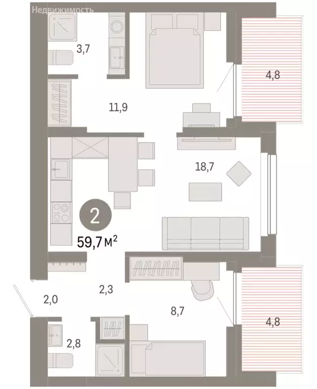 2-комнатная квартира: Новосибирск, квартал Лебедевский (59.7 м) - Фото 1