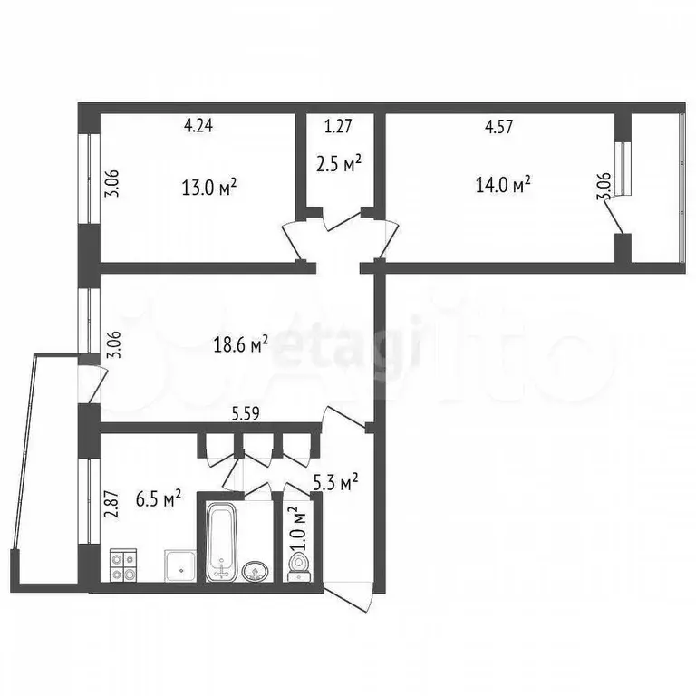 3-к. квартира, 64 м, 8/9 эт. - Фото 0