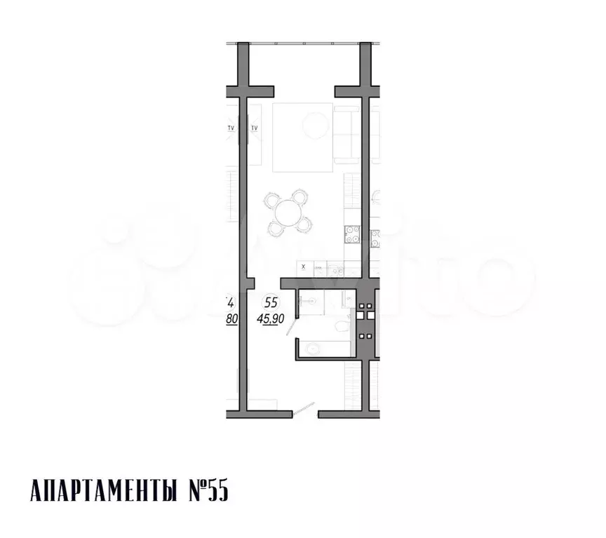 Апартаменты-студия, 46 м, 3/5 эт. - Фото 1