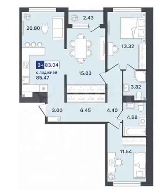 3-к. квартира, 83 м, 4/8 эт. - Фото 0