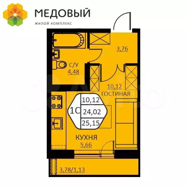 1-к. квартира, 25,2 м, 6/15 эт. - Фото 0