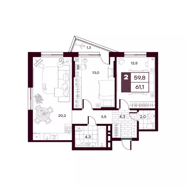 2-к кв. Тюменская область, Тюменский муниципальный округ, д. Дударева ... - Фото 1