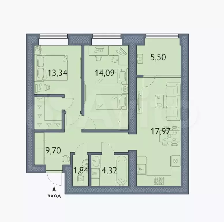 2-к. квартира, 66,8 м, 1/8 эт. - Фото 1