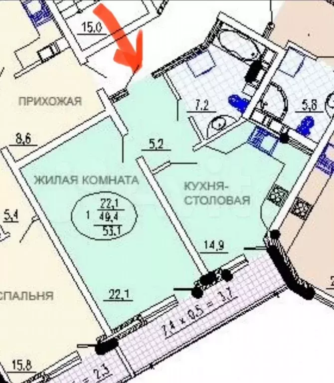 1-к. квартира, 57,4 м, 17/22 эт. - Фото 0