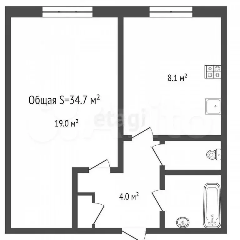 1-к. квартира, 34,7 м, 2/9 эт. - Фото 1