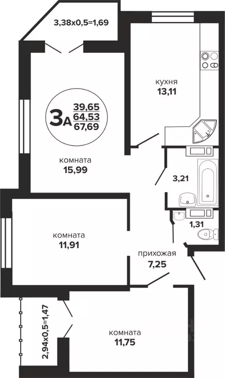 3-к кв. Краснодарский край, Краснодар Российская ул., 257/7 (67.69 м) - Фото 0