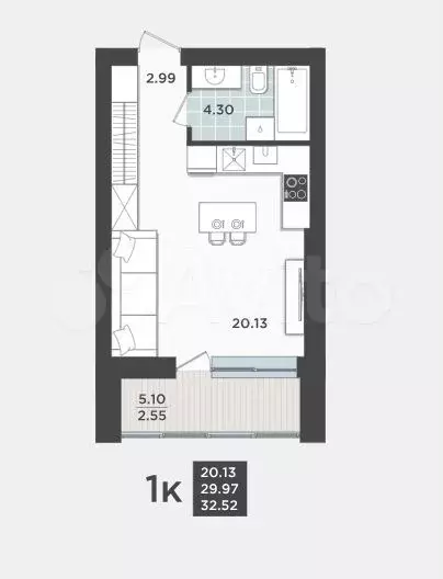 Квартира-студия, 29,9 м, 5/9 эт. - Фото 1