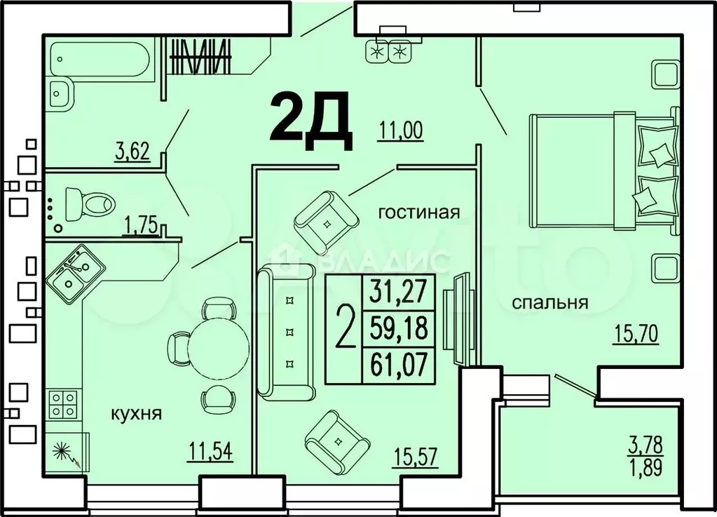 2-к. квартира, 61 м, 7/15 эт. - Фото 0