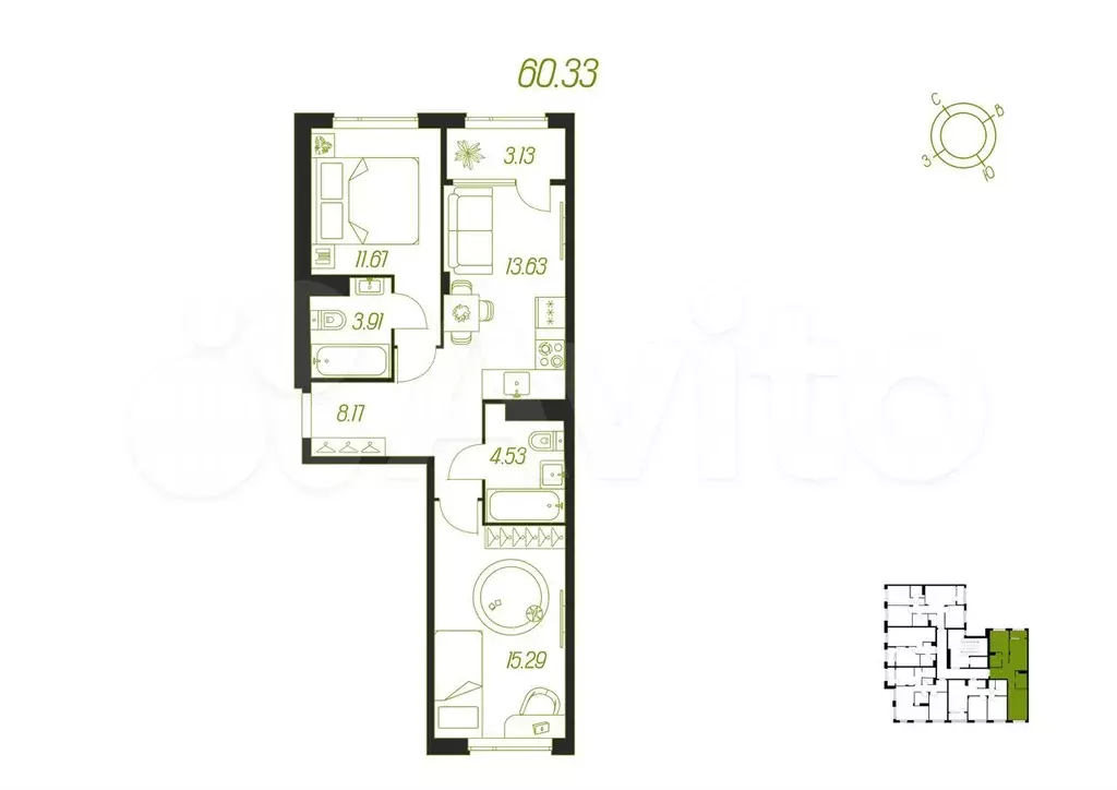 2-к. квартира, 60,3 м, 6/8 эт. - Фото 1