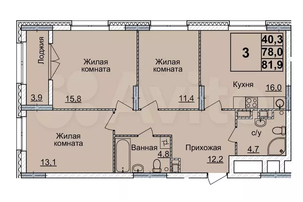 3-к. квартира, 81 м, 14/24 эт. - Фото 0