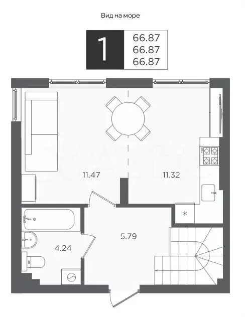1-к. квартира, 66,9 м, 1/4 эт. - Фото 1