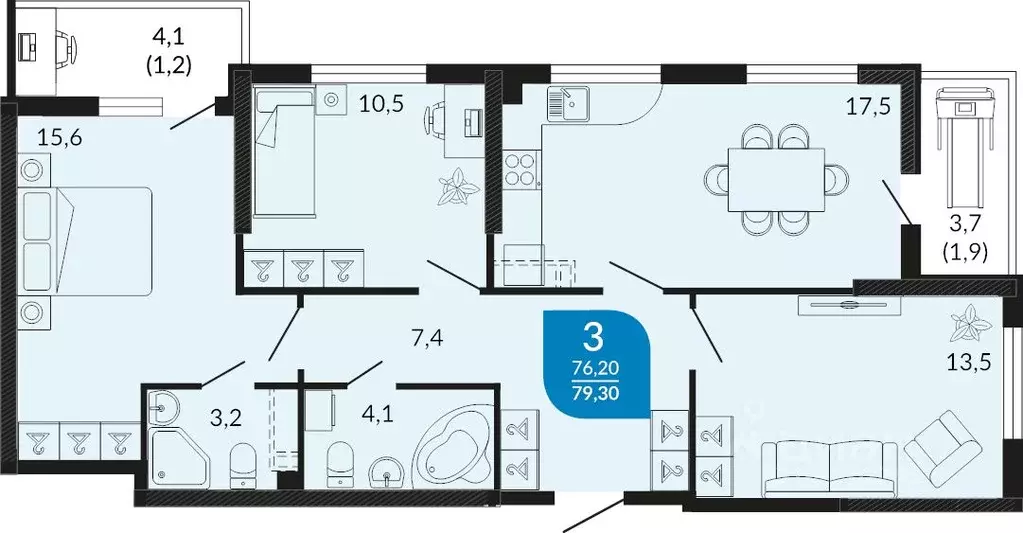 3-к кв. Краснодарский край, Новороссийск ул. Куникова, 47Г (79.4 м) - Фото 0