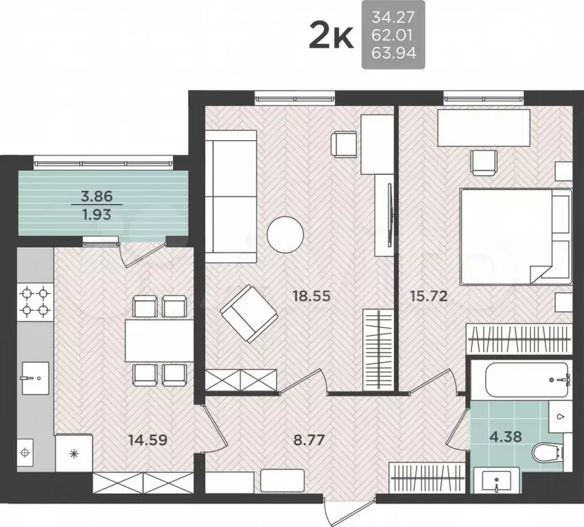 2-к. квартира, 63,9 м, 1/5 эт. - Фото 0
