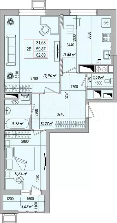 2-к. квартира, 62,9 м, 3/9 эт. - Фото 0