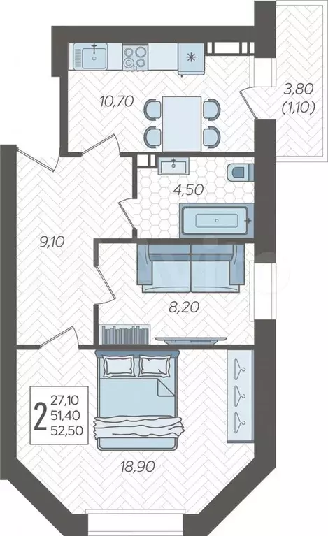 2-к. квартира, 52,5 м, 6/6 эт. - Фото 0