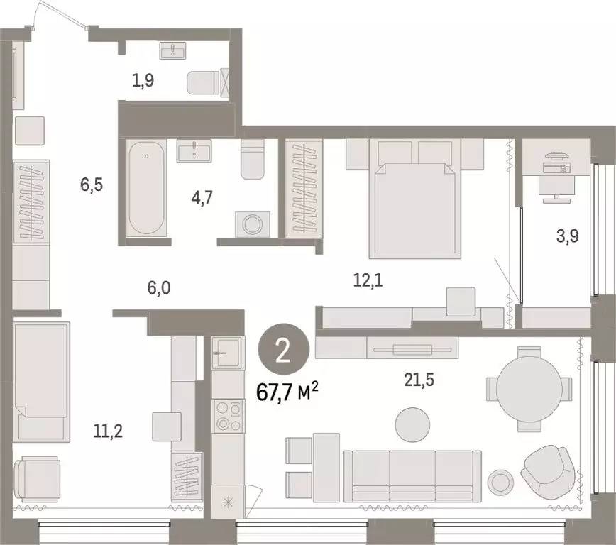 2-комнатная квартира: Тюмень, Краснооктябрьская улица, 4к3 (67.73 м) - Фото 1