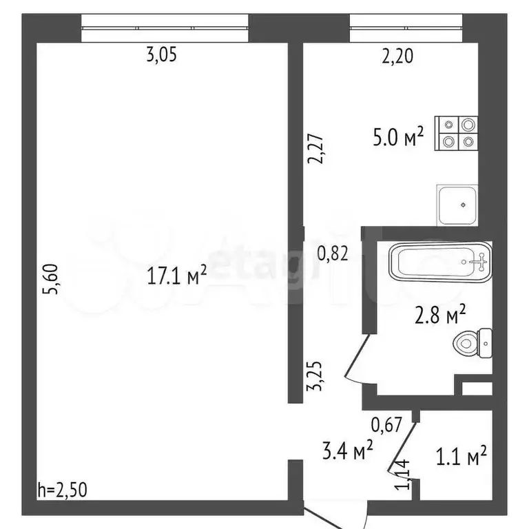 1-к. квартира, 29,4 м, 5/9 эт. - Фото 0