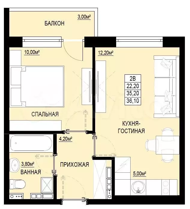 1-к. квартира, 36,1 м, 7/9 эт. - Фото 0