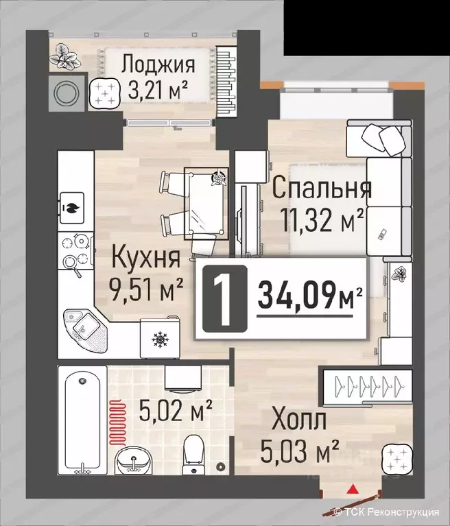 1-к кв. Рязанская область, Рыбное Мега жилой квартал,  (34.09 м) - Фото 0