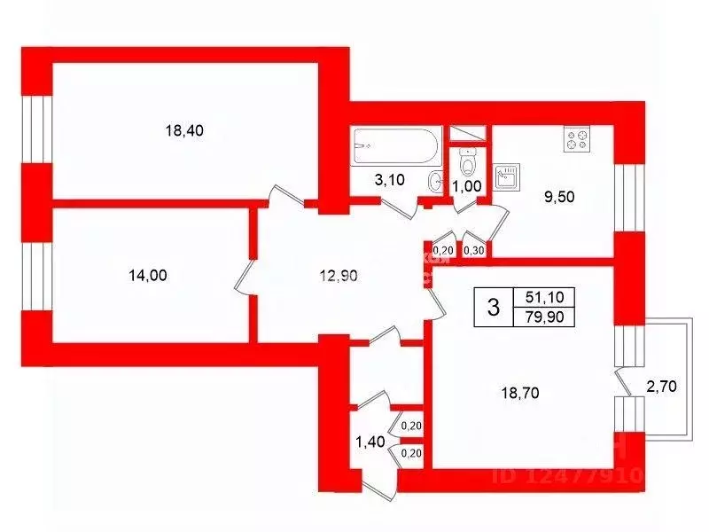 Квартира, 3 комнаты, 79.9 м - Фото 1