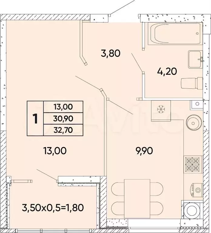 1-к. квартира, 32,7 м, 6/9 эт. - Фото 0