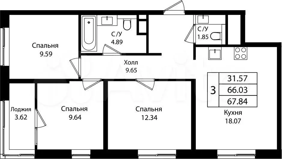 3-к. квартира, 67,8 м, 5/18 эт. - Фото 1