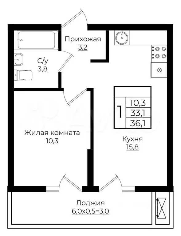 1-к. квартира, 33,6 м, 3/7 эт. - Фото 0